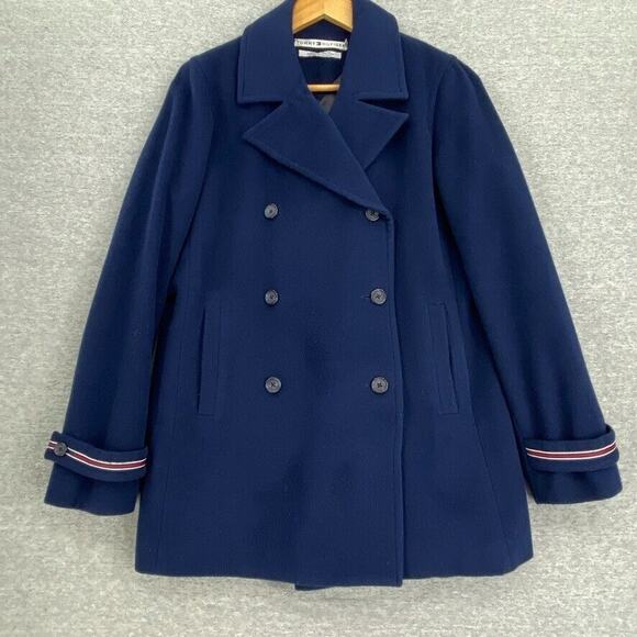 Tommy Hilfiger Wool Jacket Womens Small Blue Pea Coat Military Double Breasted - Picture 1 of 12